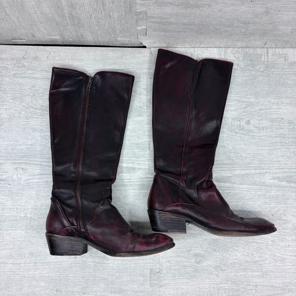 Frye Carson Piping Tall Boots 8.5 Burgundy Oxblood Leather Distressed Riding